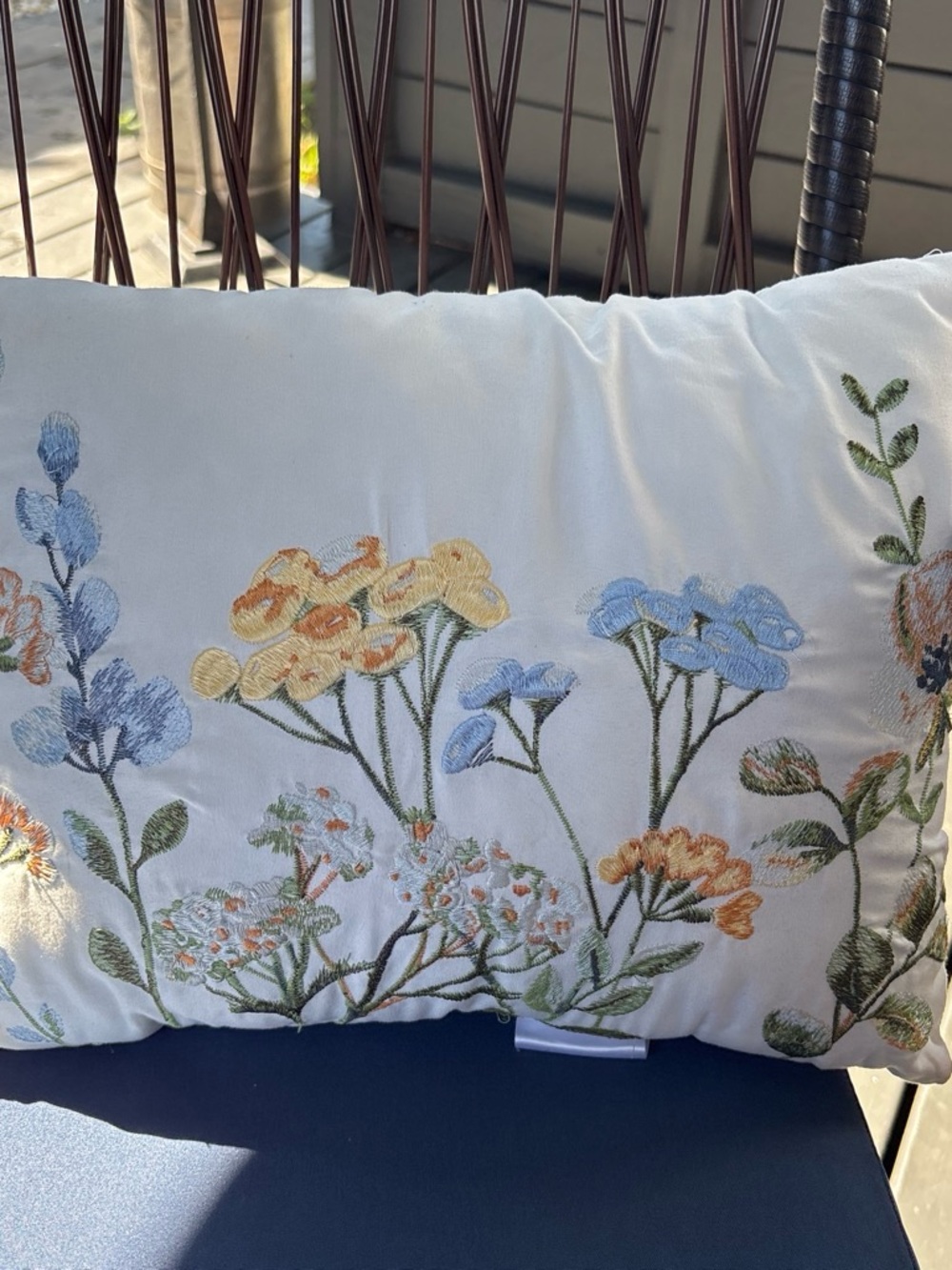 Kohl's White Embroidered Floral Accent Pillow with Blue and Yellow Blooms